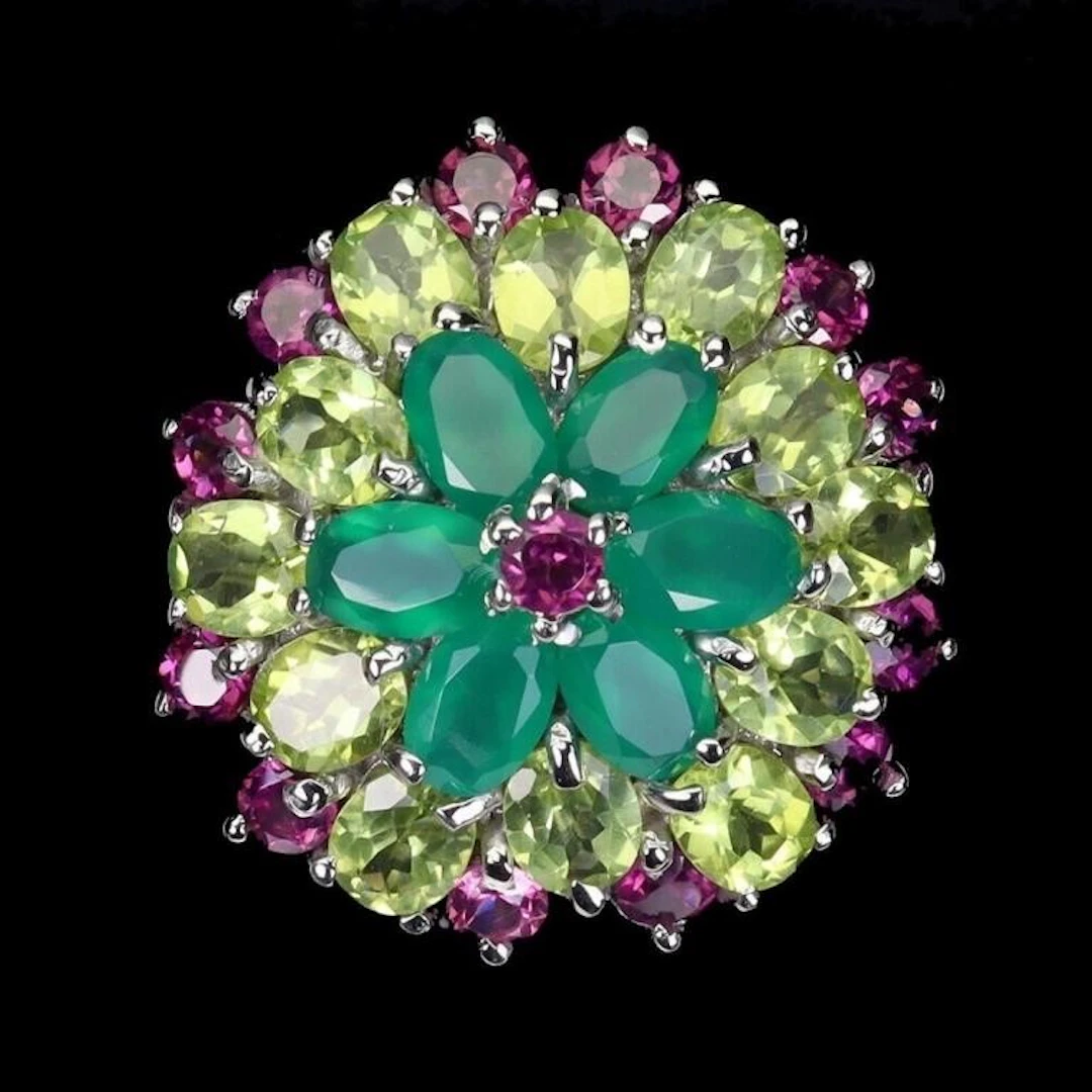 Natural Aventurine Peridot Rhodolite Ring