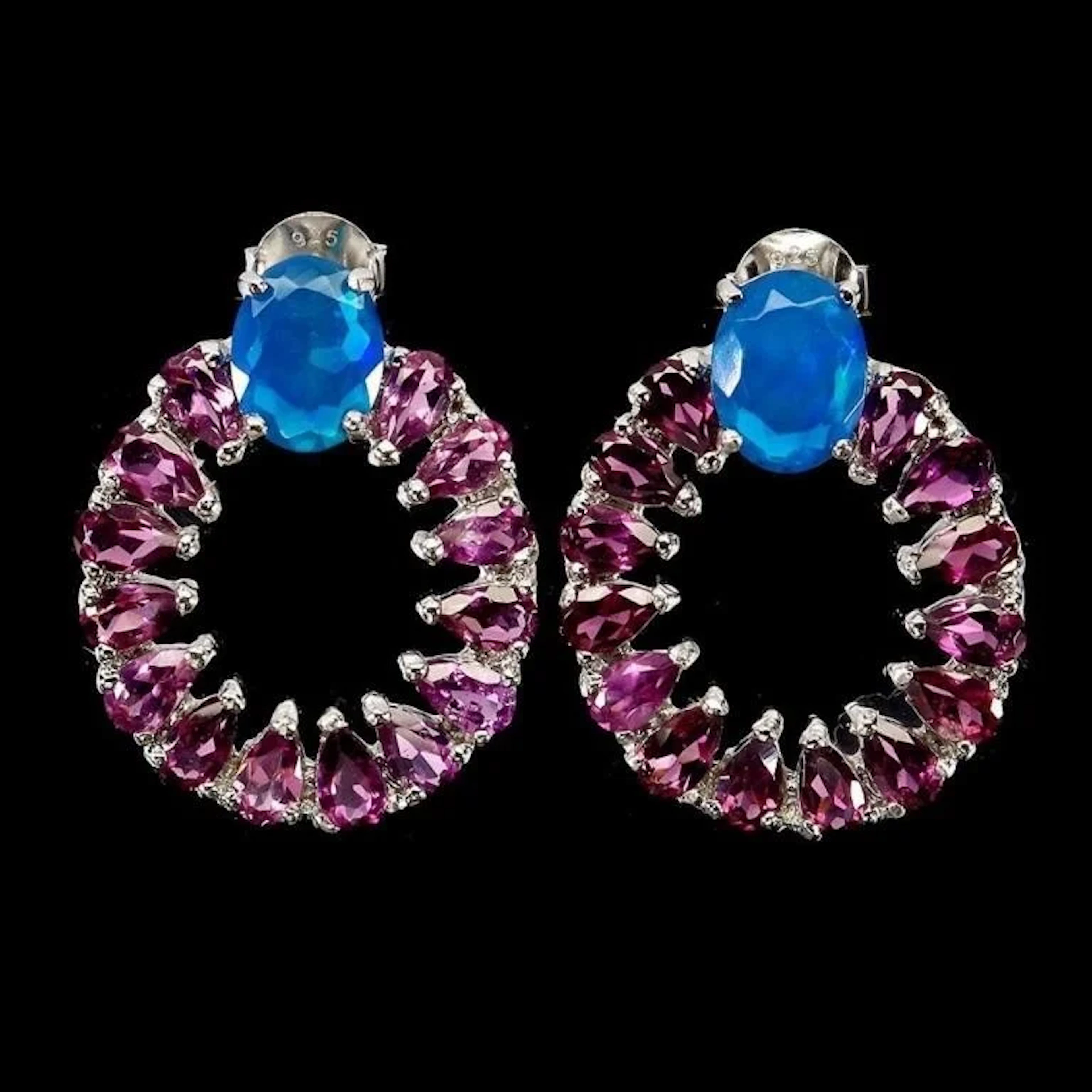 Natural Ethopian Blue Opal Rhodolite Garnet Earrin