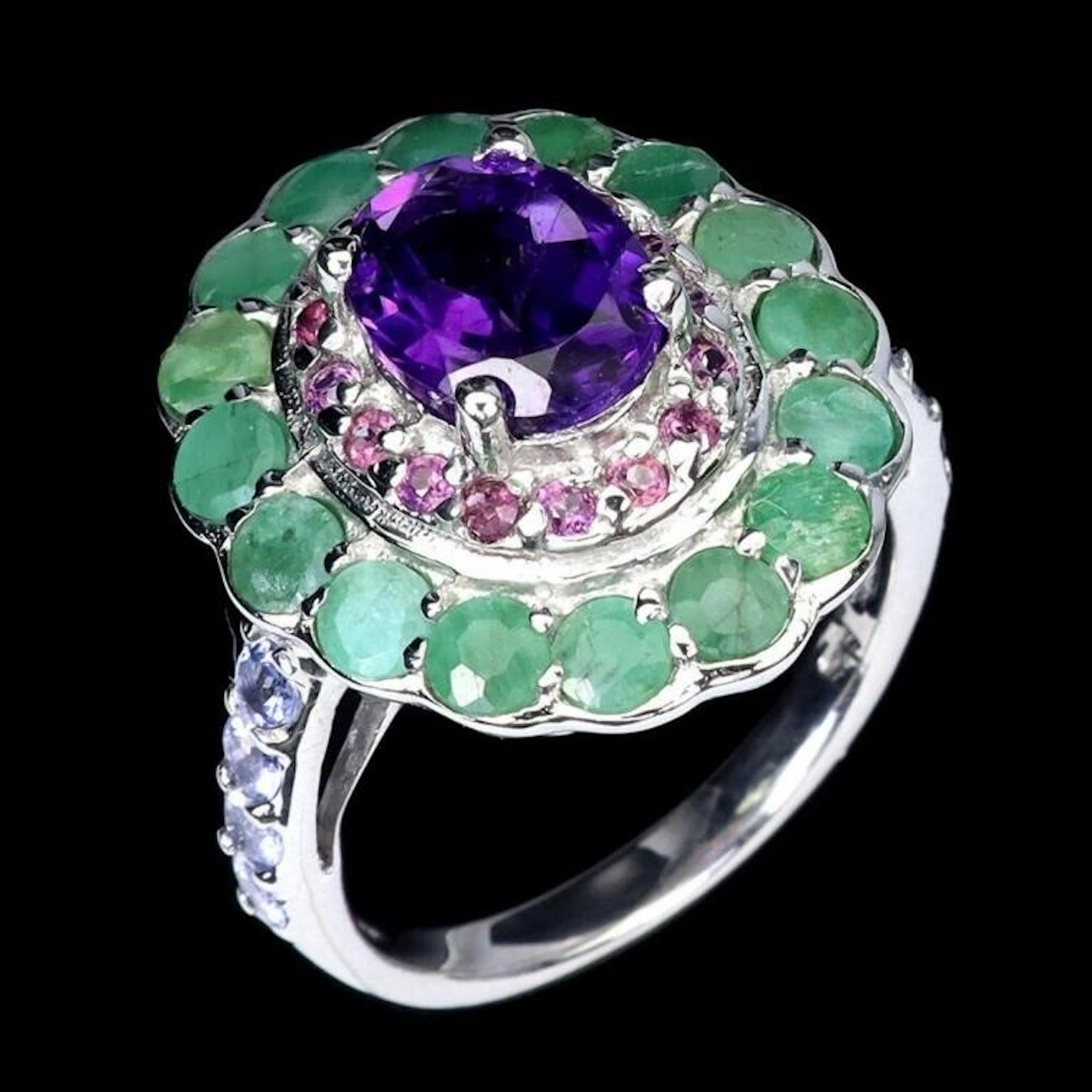 Natural Amethyst Colombian Emerald Garnet Ring