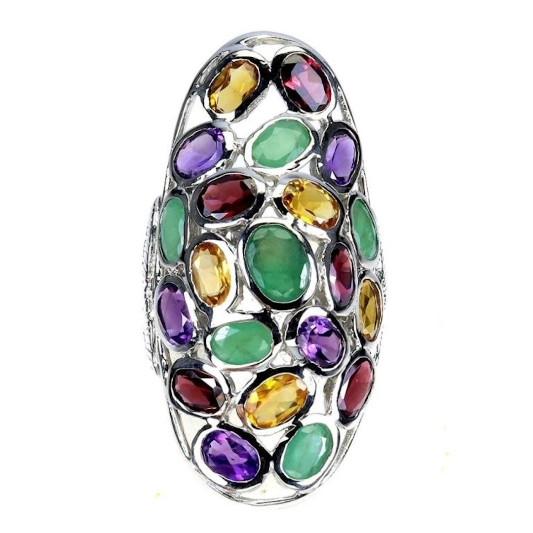Natural Emerald Amethyst Citrine Rhodolite Ring