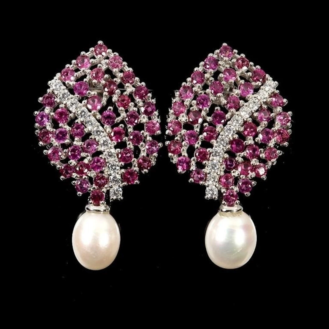 Natural Rhodolite Garnet & Pearl Earrings