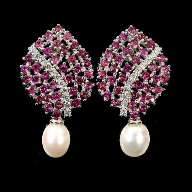 Natural Rhodolite Garnet & Pearl Earrings