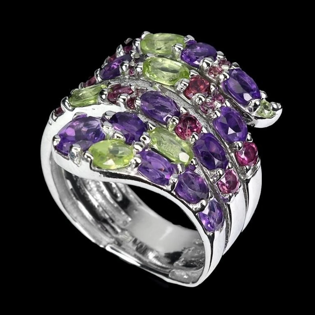 Natural Amethyst Peridot Garnet Ring