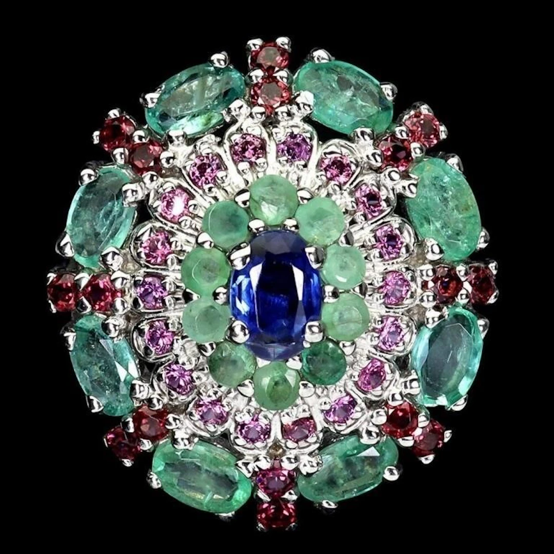 Natural Kyanite Colombian Emerald Rhodolite Ring