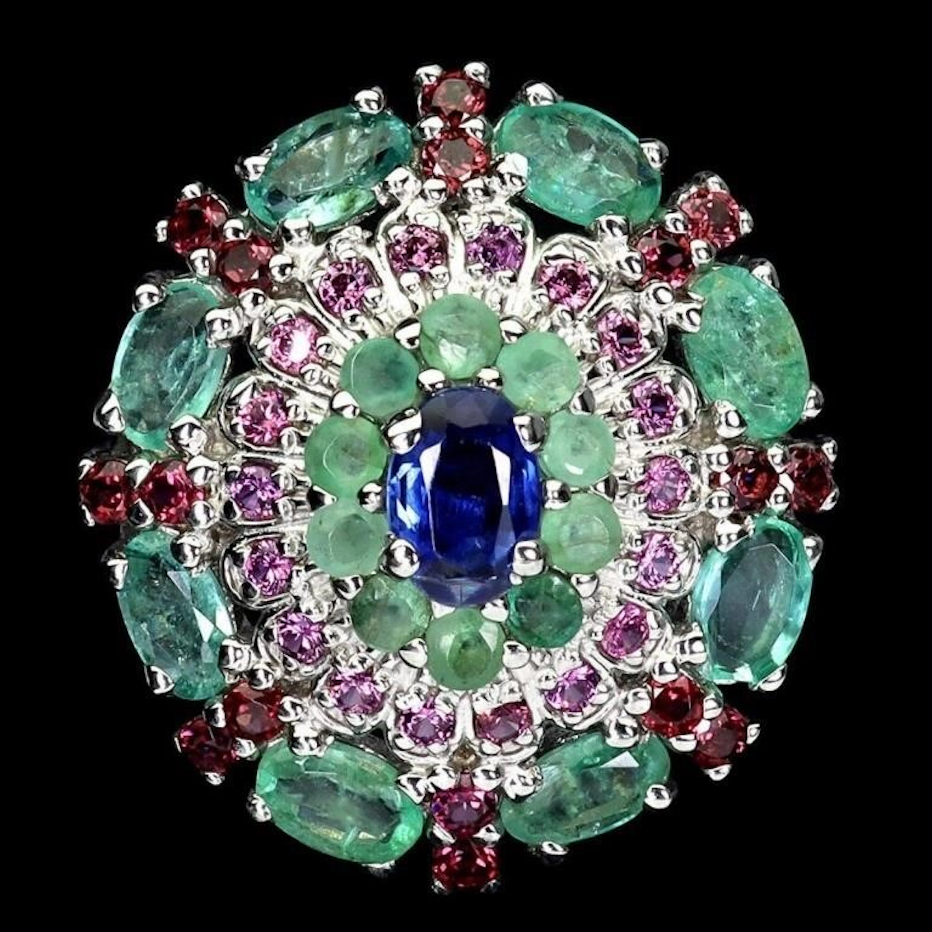 Natural Kyanite Colombian Emerald Rhodolite Ring