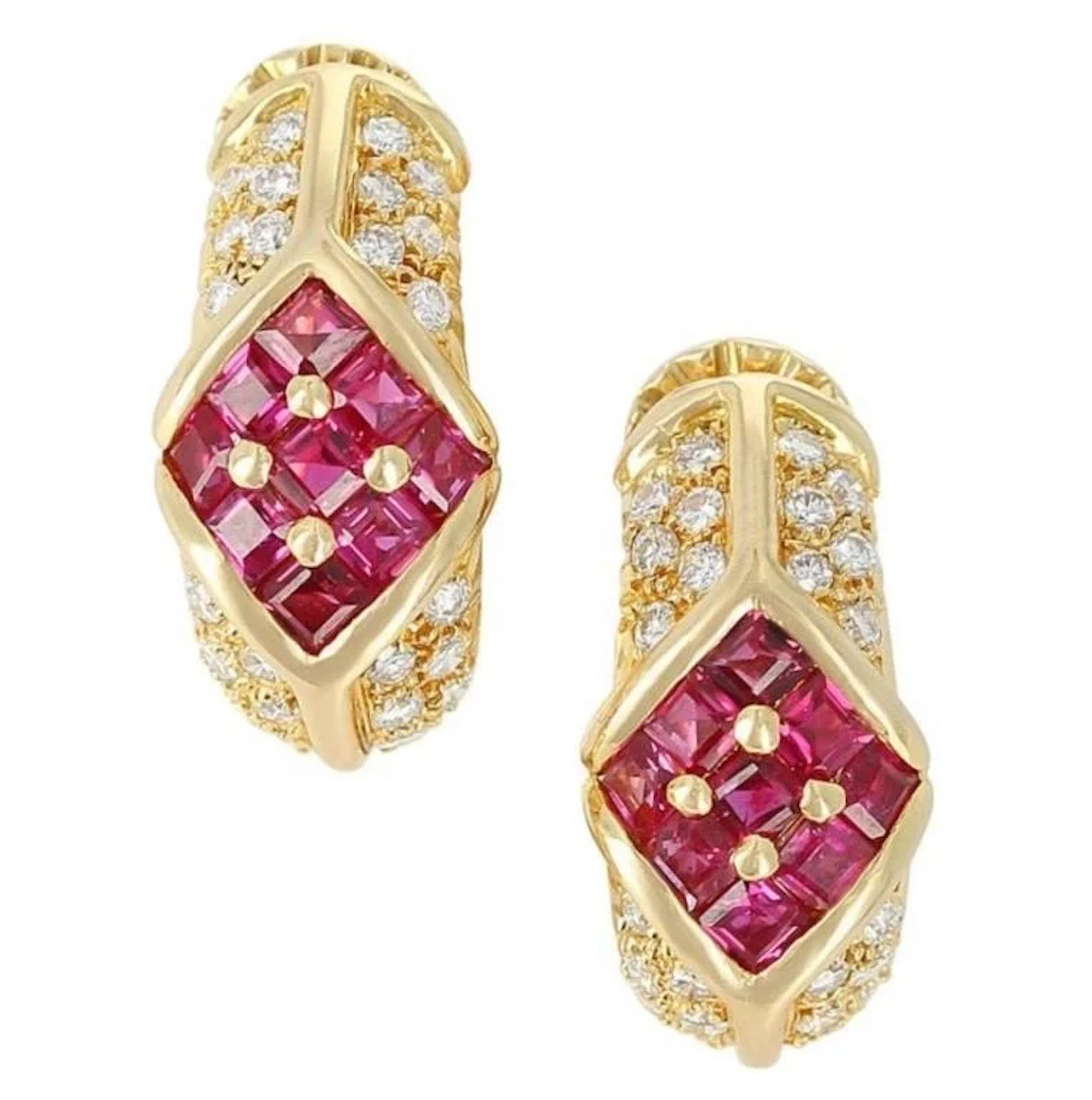 Gold Natural Ruby & Diamonds Earrings