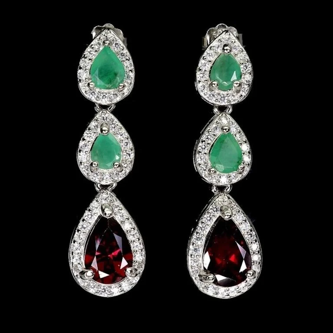 Natural Rhodolite Garnet & Emerald Earrings