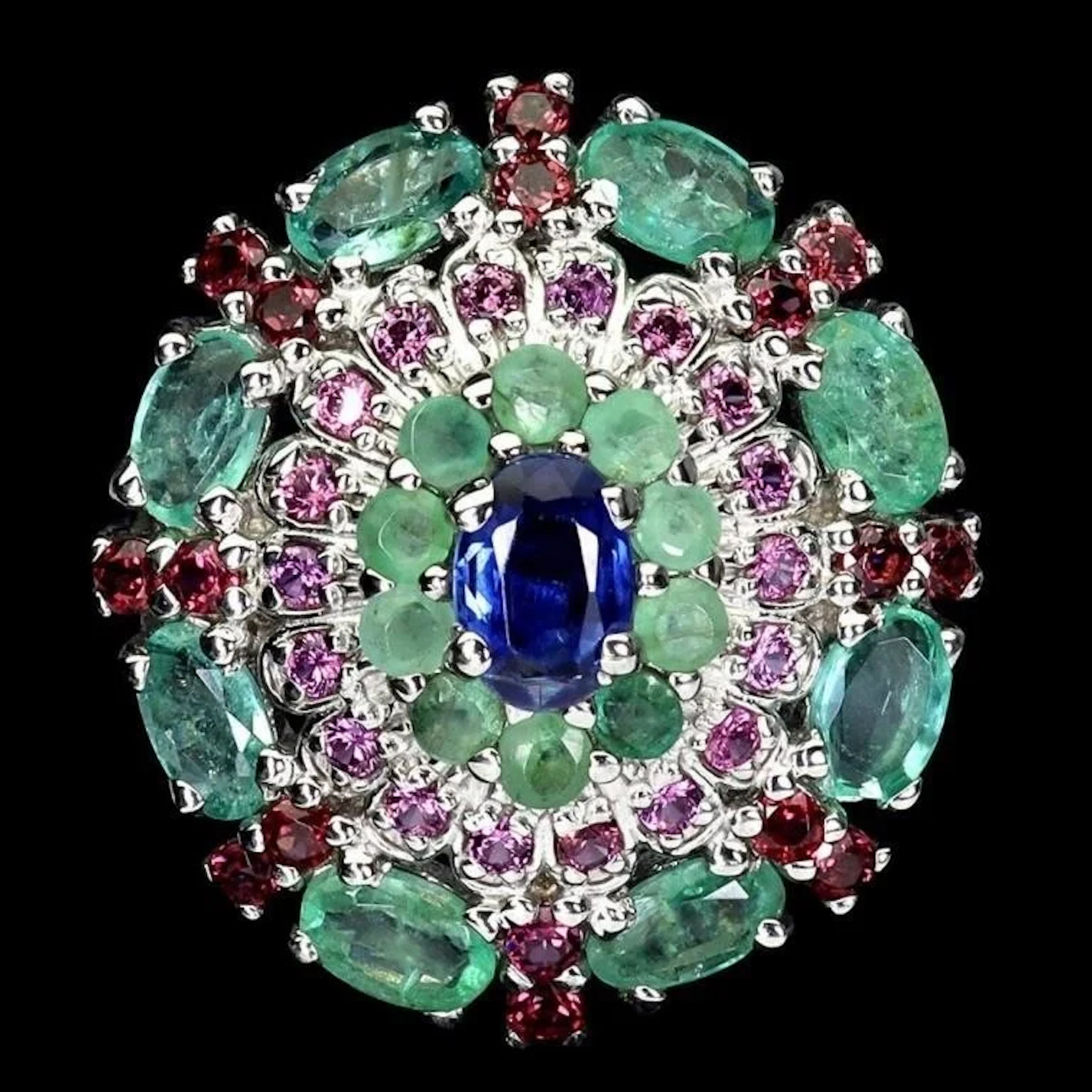 Natural Kyanite Colombian Emerald Rhodolite Ring