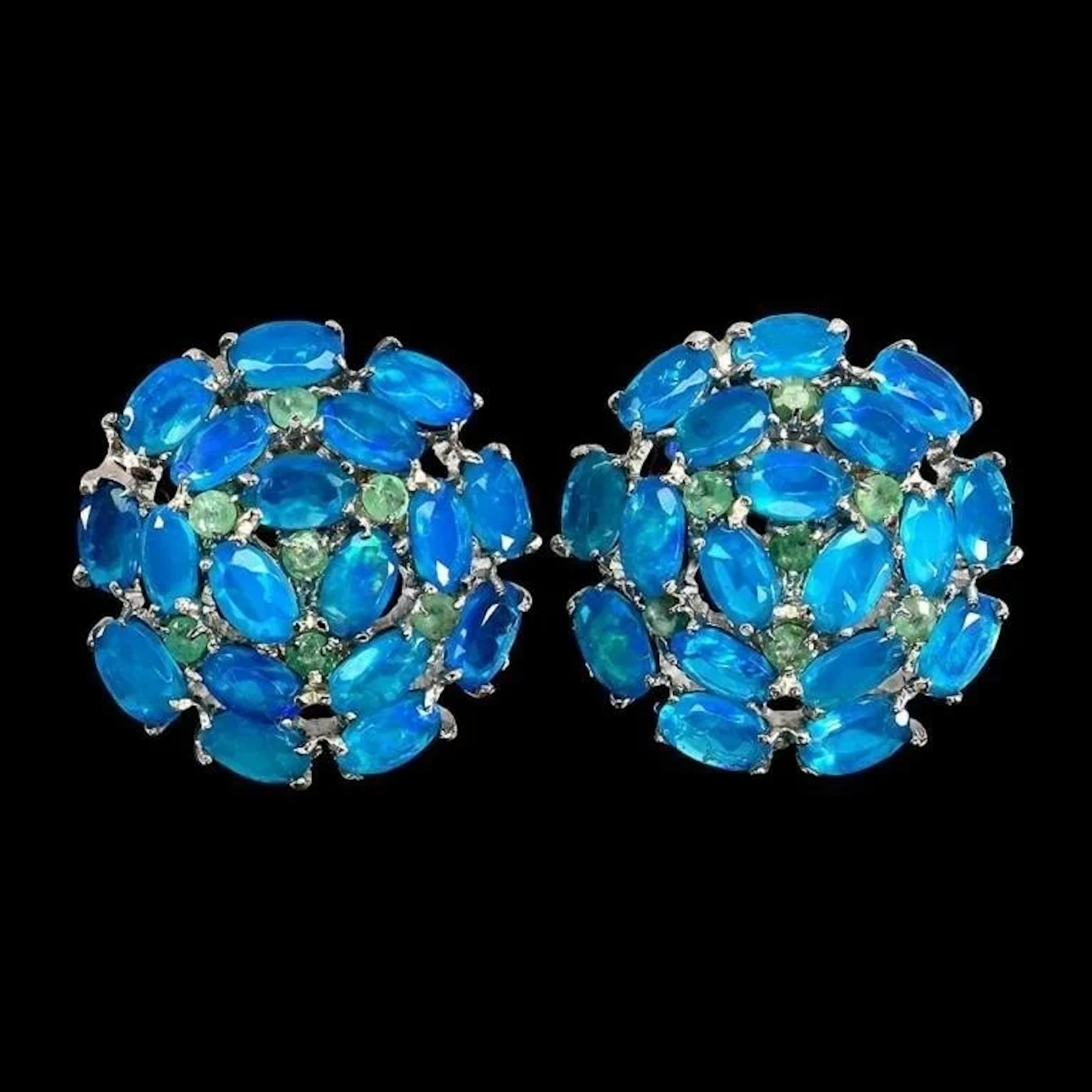 Natural Ethopian Blue Opal & Emerald Earrings