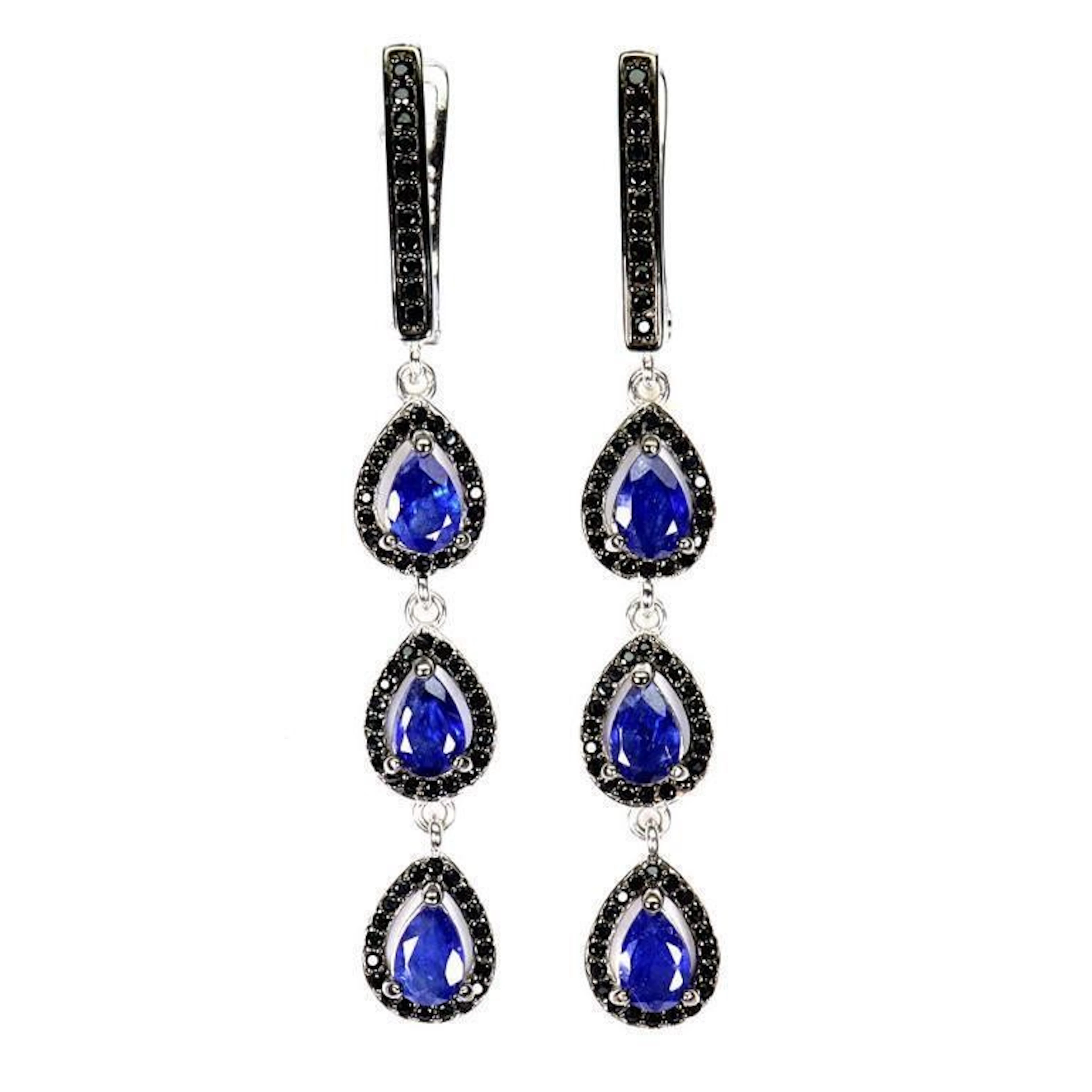 Natural Intense Blue Sapphire Triple Drop Earrings