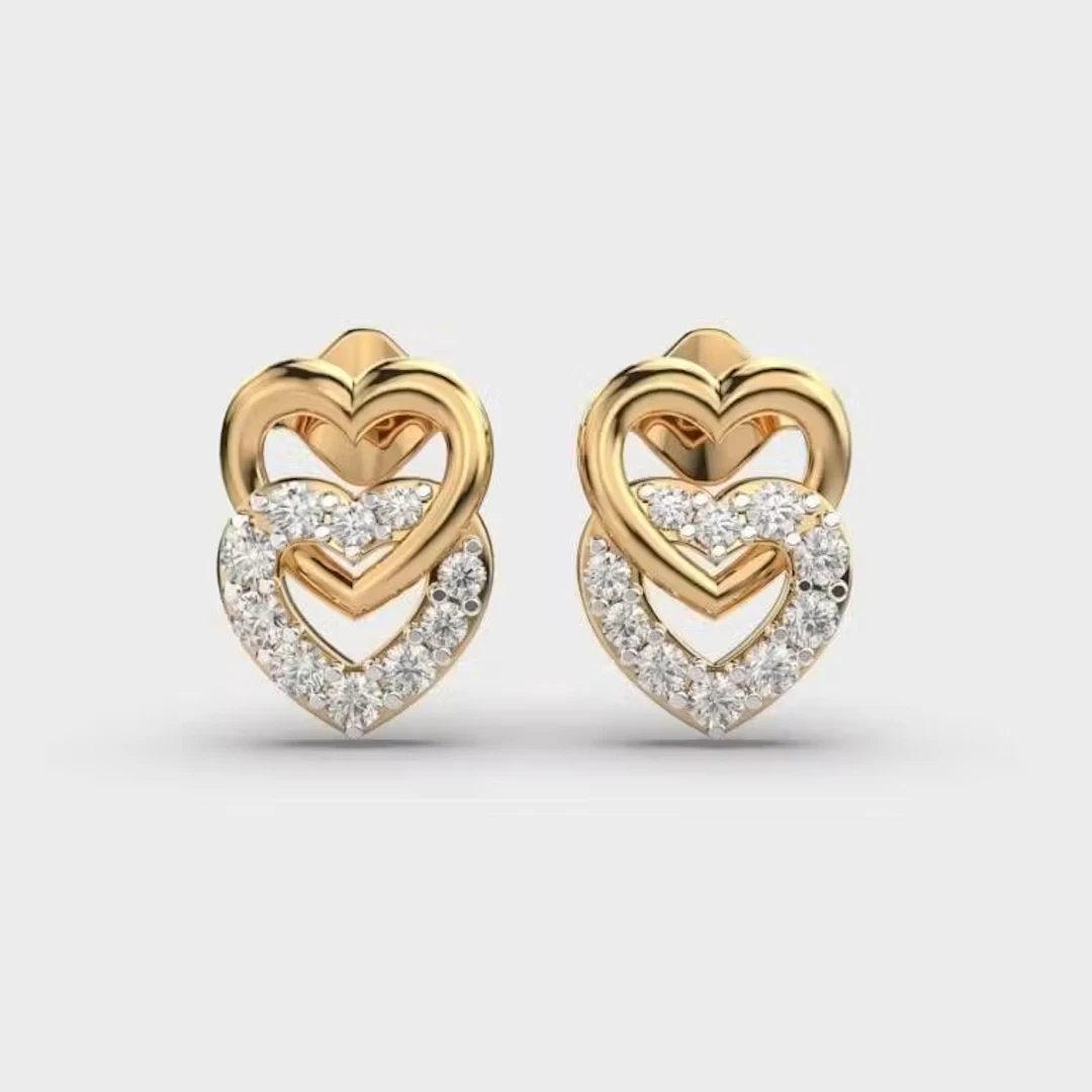 Gold & White Diamonds 2 Cts Hearts Ear Studs