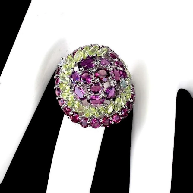 Natural Rhodolite Garnet Aquamarine Emerald Ring