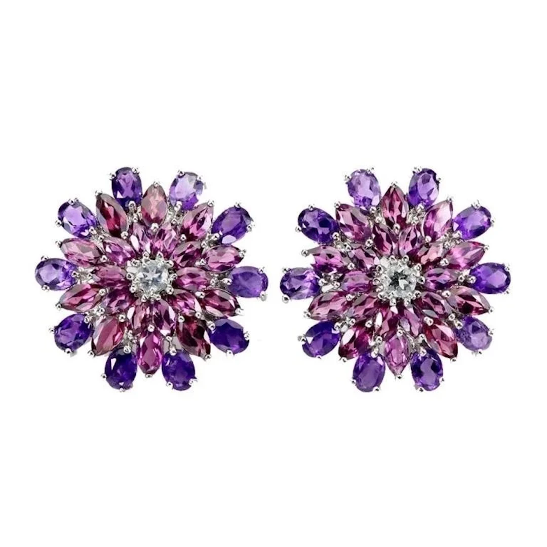 Natural Oval Amethyst Rhodolite Garnet Earrings
