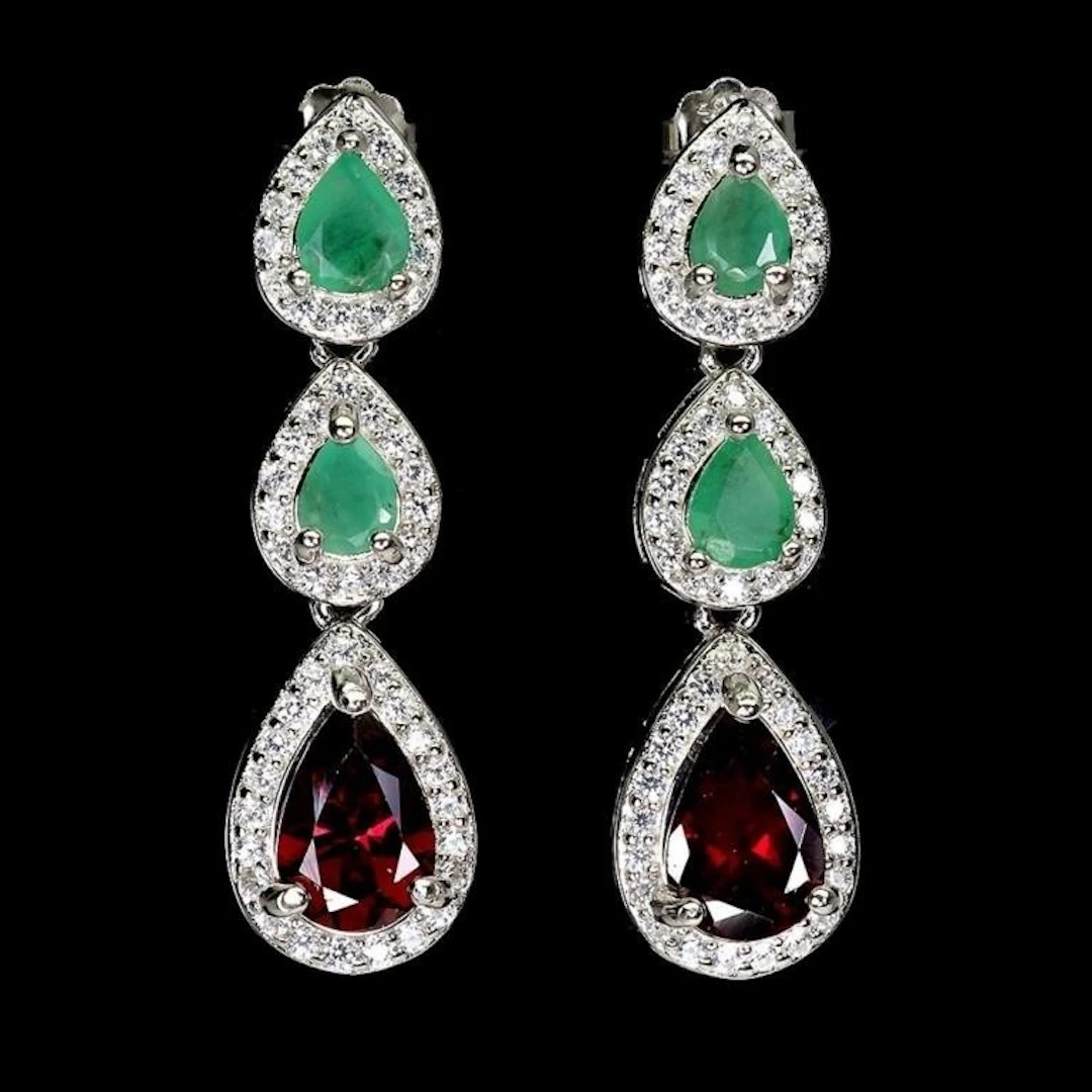 Natural Rhodolite Garnet & Emerald Earrings