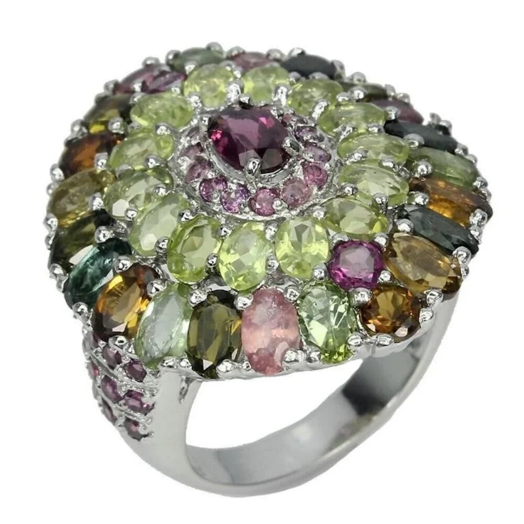 Natural Rhodolite Peridot Tourmaline Ring