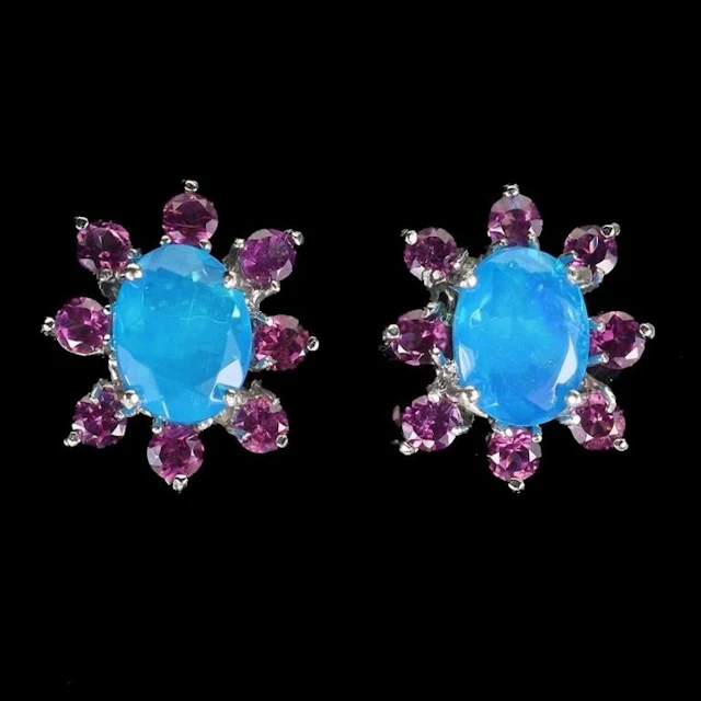 Natural Ethopian Blue Opal Rhodolite Garnet Earrin