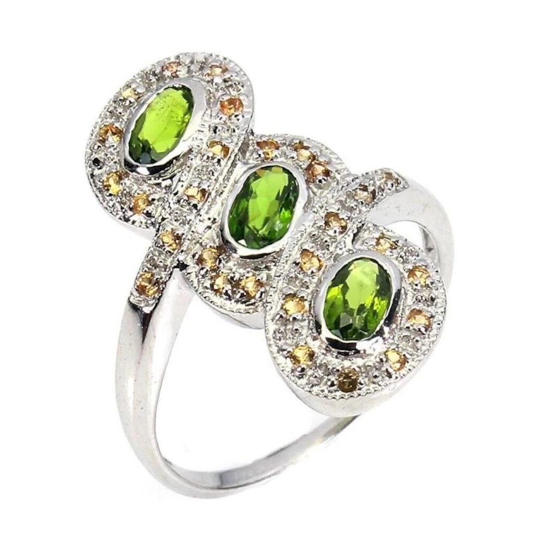 Natural Russian Chrome Diopside & Sapphire Ring