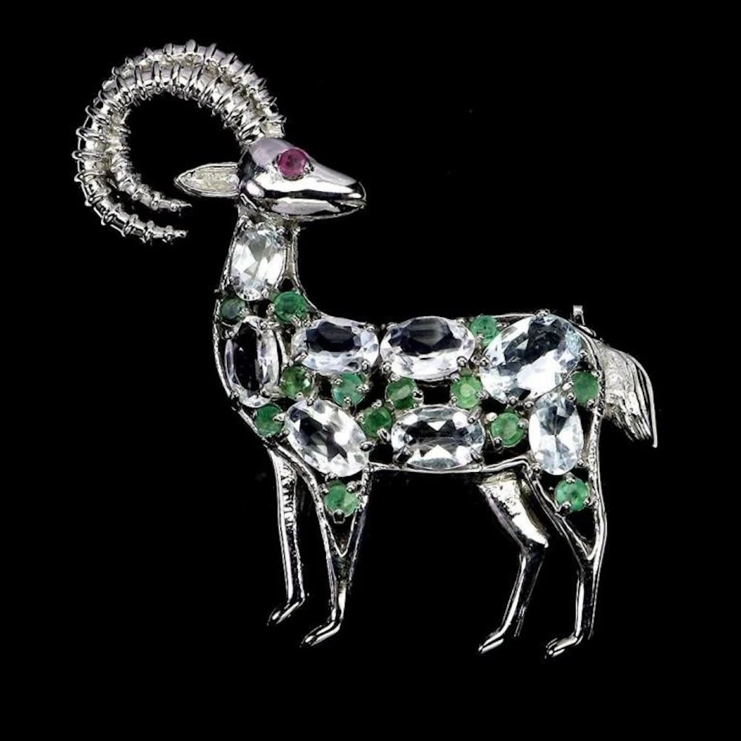 Natural Aquamarine Emerald Ruby Brooch