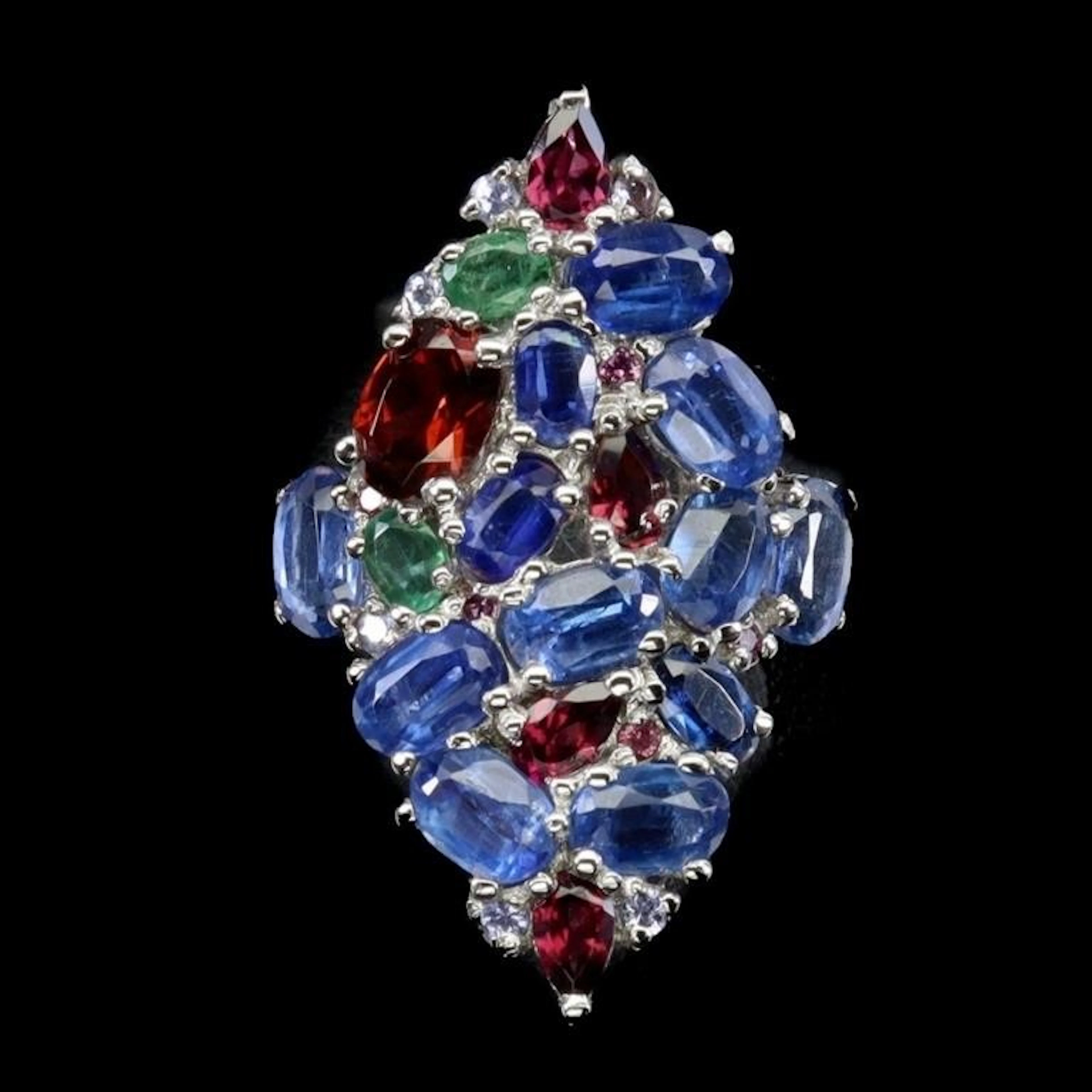 Natural Oval Kyanite Garnet Emerald Ring