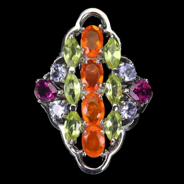 Natural Orange Opal Peridot & Multi Gems Ring