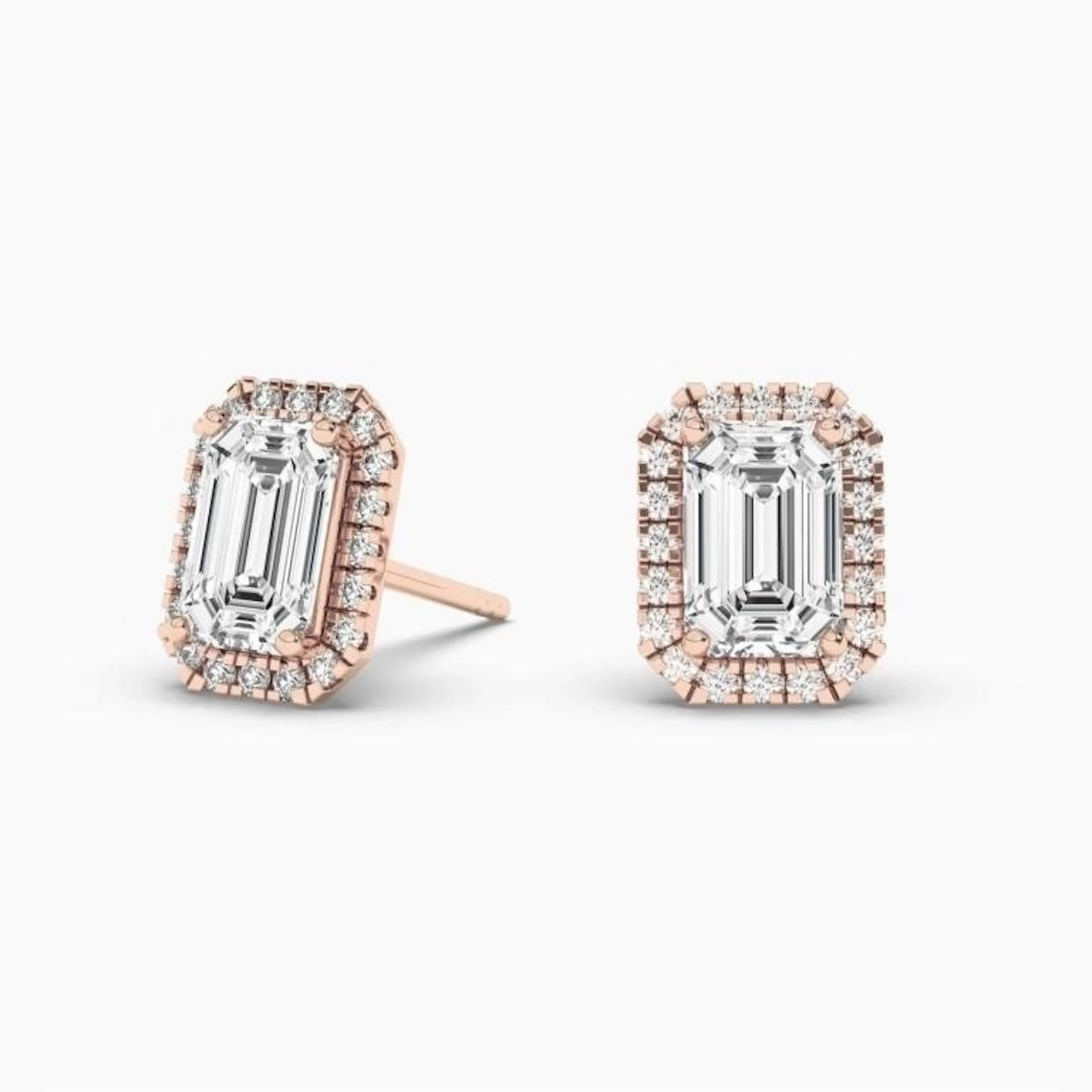 Gold & Lab Emerald Cut Diamond 3 Cts Ear Studs