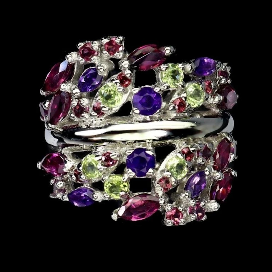 Natural Rhodolite Peridot Amethyst Ring