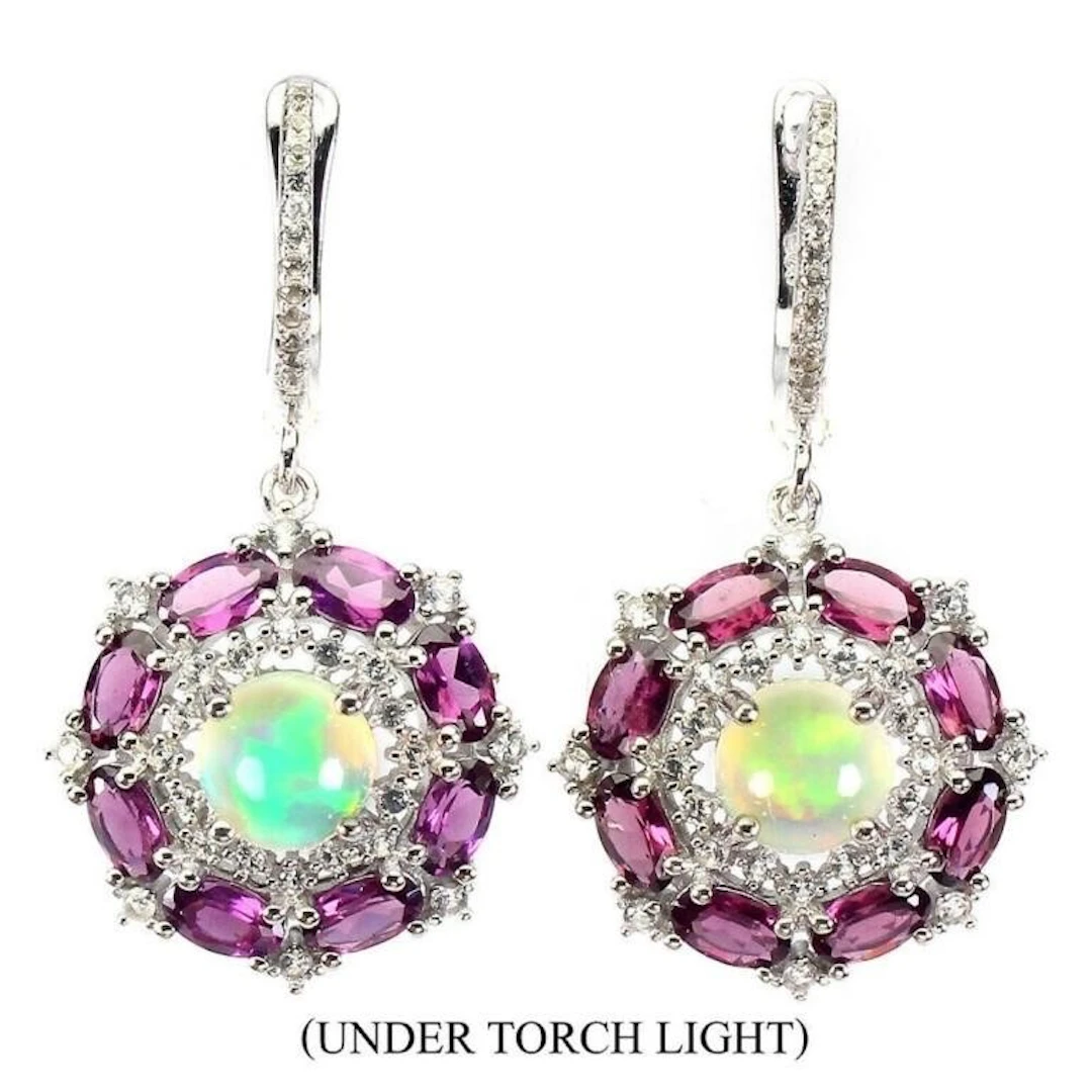 Natural Ethiopian White Opal Rhodolite Topaz Ear