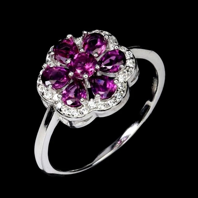 Natural Rhodolite Garnet Flower Ring
