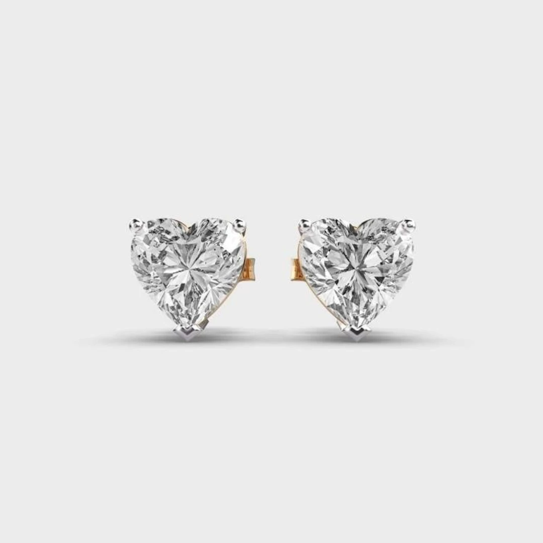 Gold & White Diamonds 3 Cts Hearts Ear Studs