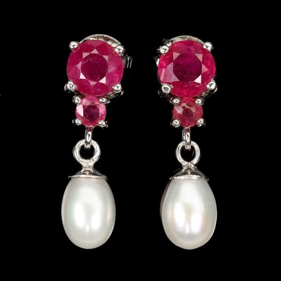 Natural Red Ruby & Pearl Earrings