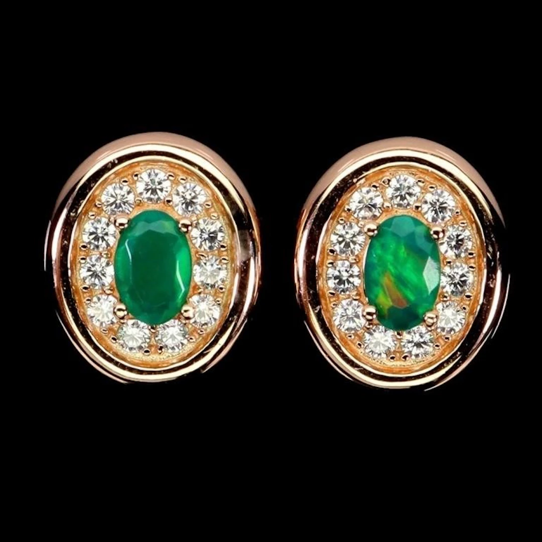 Natural Oval Green Fire Opal Earstuds