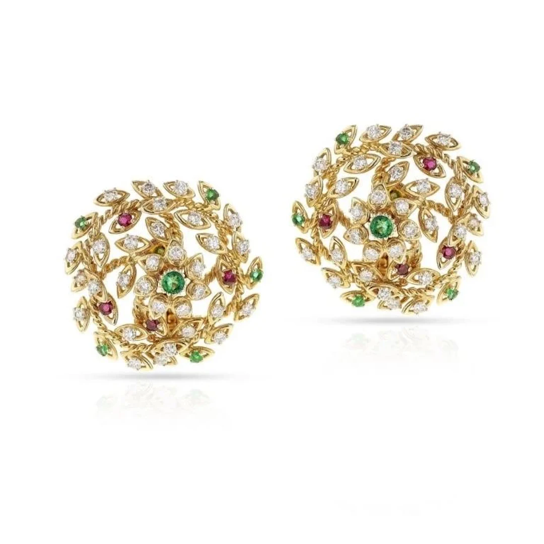 Natural Emerald Ruby Diamond 3.57 Cts Gold Earring