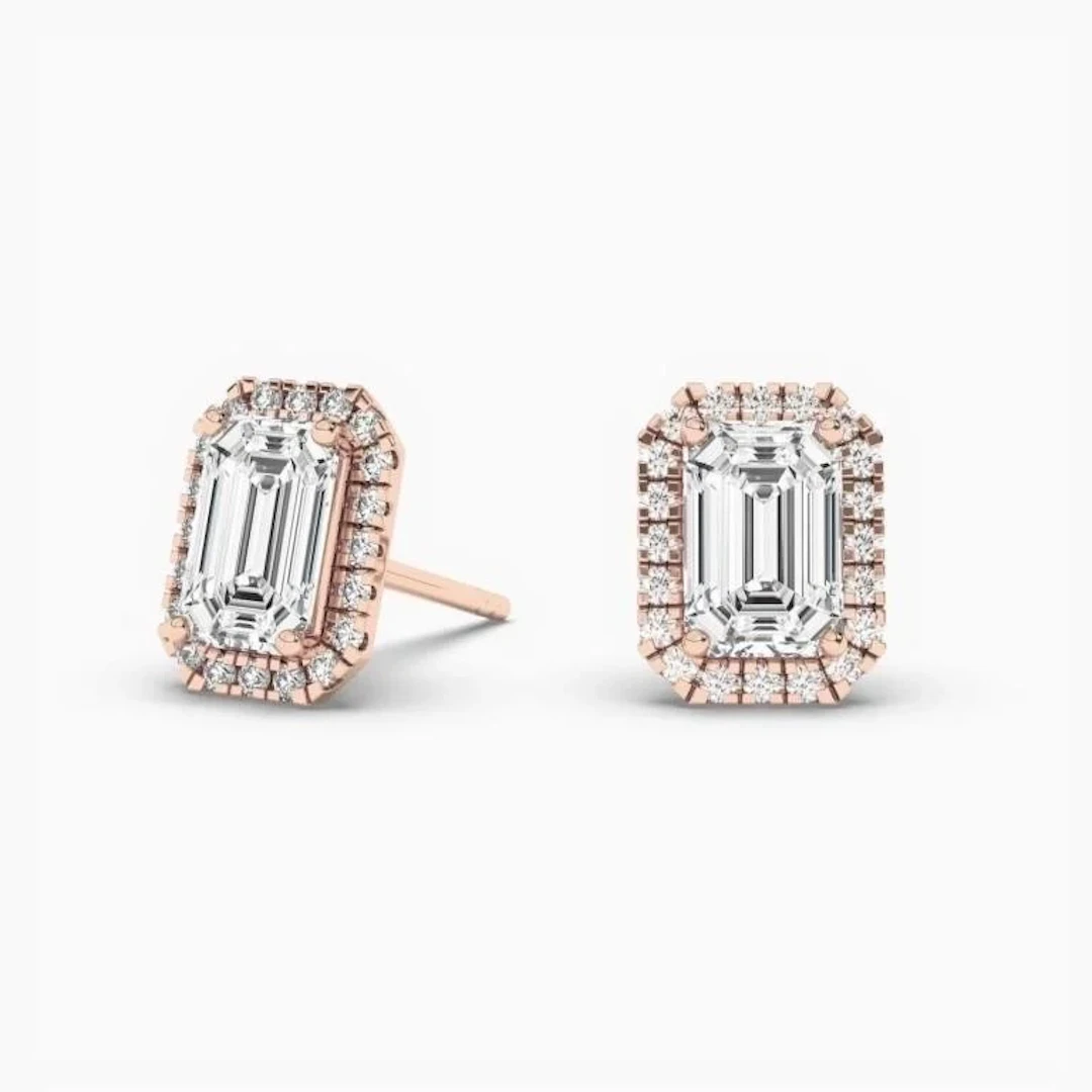 Gold & Lab Emerald Cut Diamond 3 Cts Ear Studs