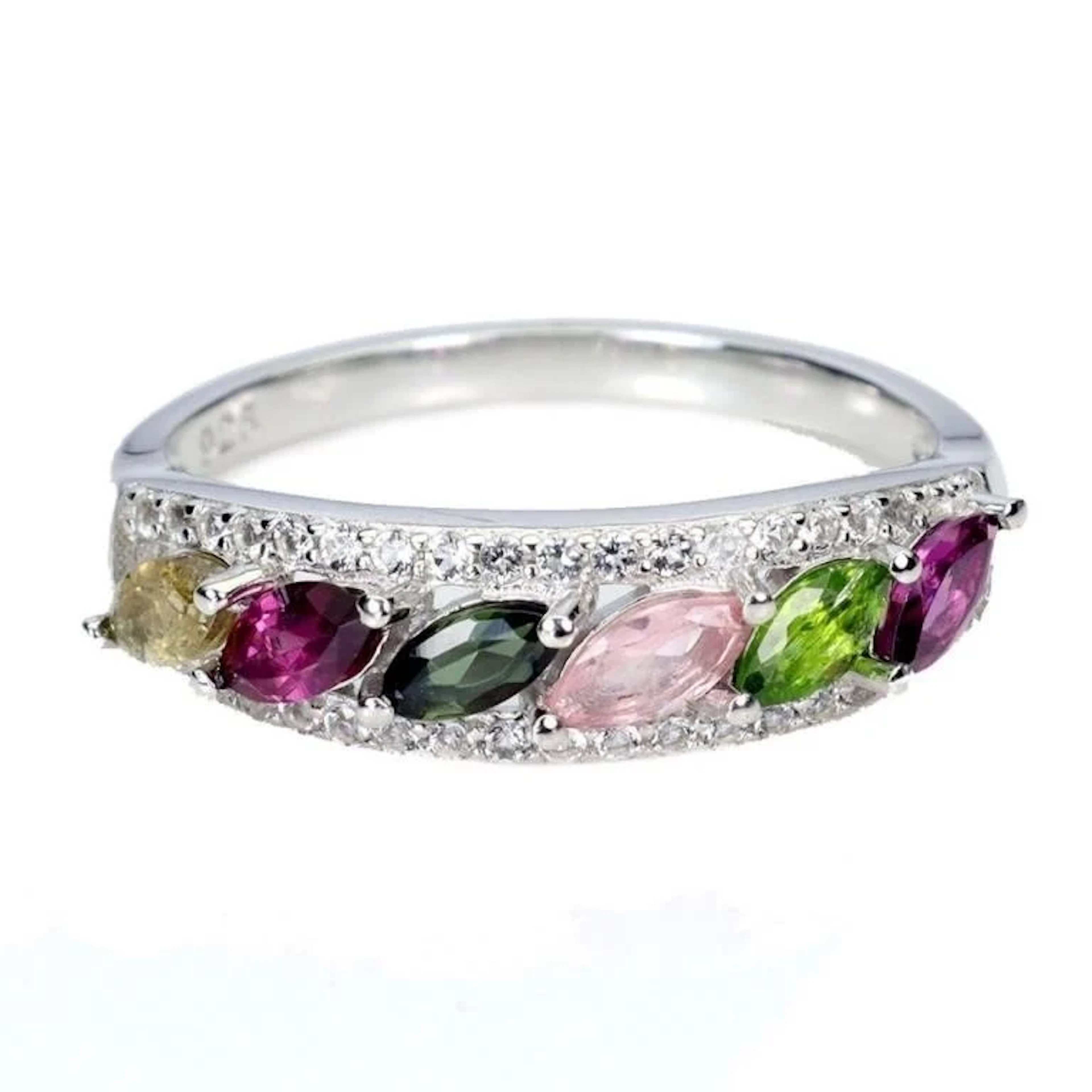 Natural Multi Color Tourmaline & White Topaz Ring