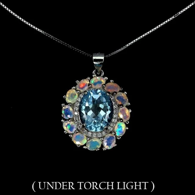 Natural Sky Blue Topaz & White Opal Necklace