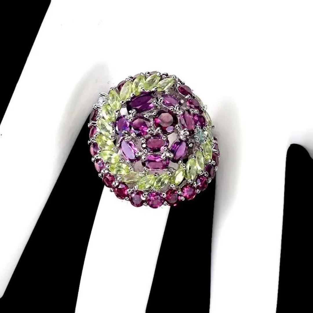 Natural Rhodolite Garnet Aquamarine Emerald Ring