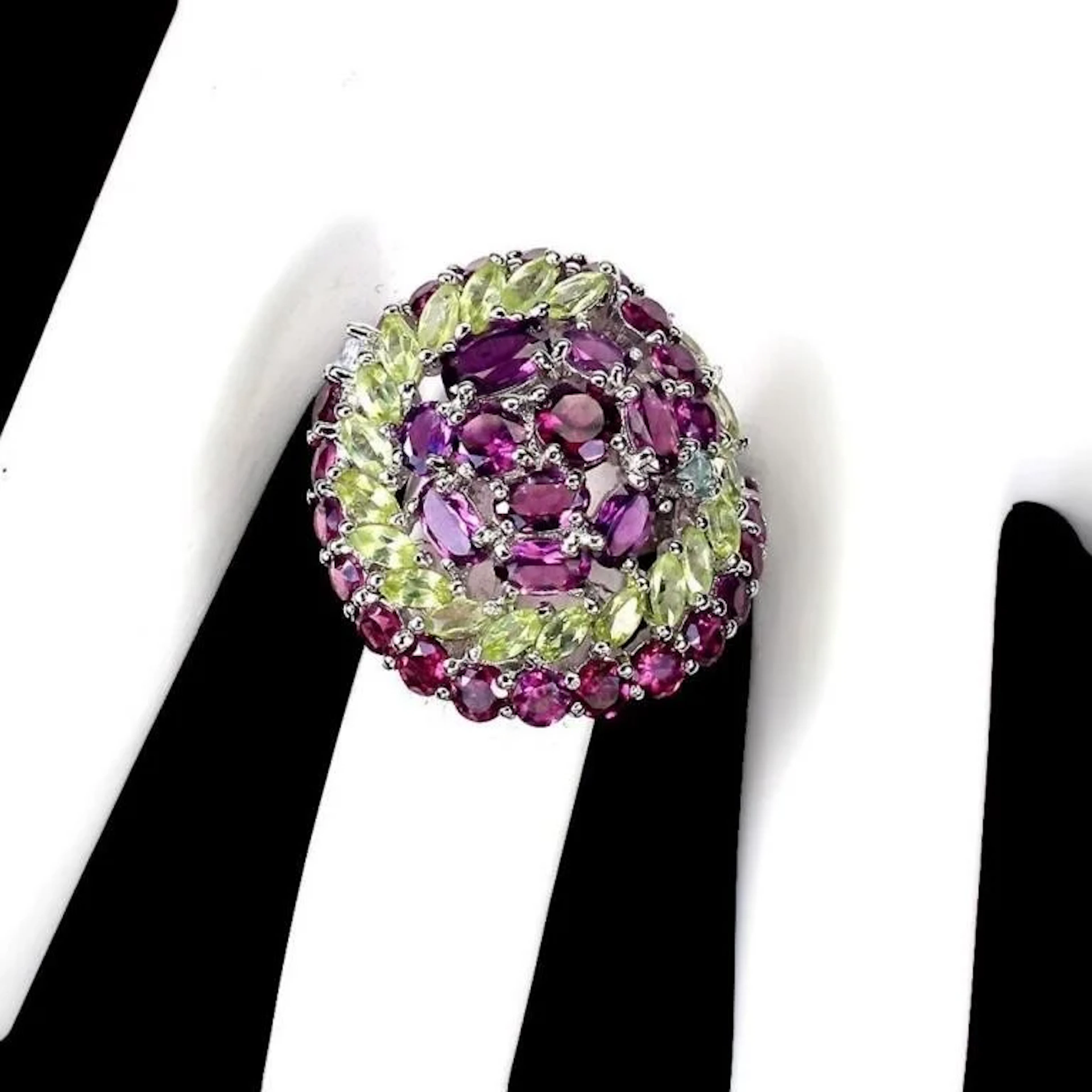 Natural Rhodolite Garnet Aquamarine Emerald Ring