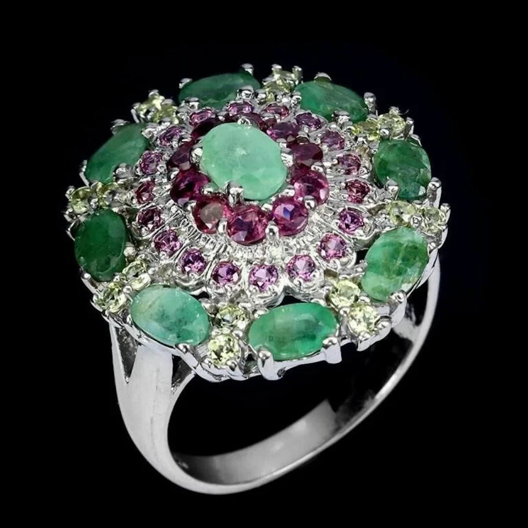 Natural Emerald Peridot Rhodolite Ring