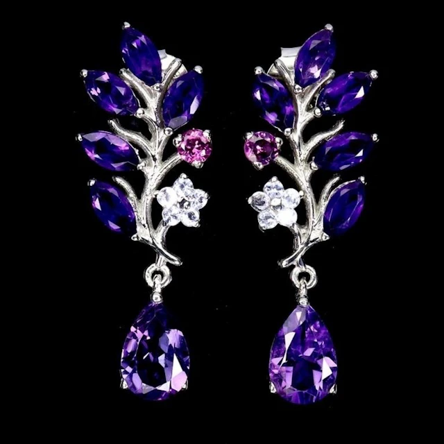 Natural Amethyst Rhodolite Tanzanite Earrings