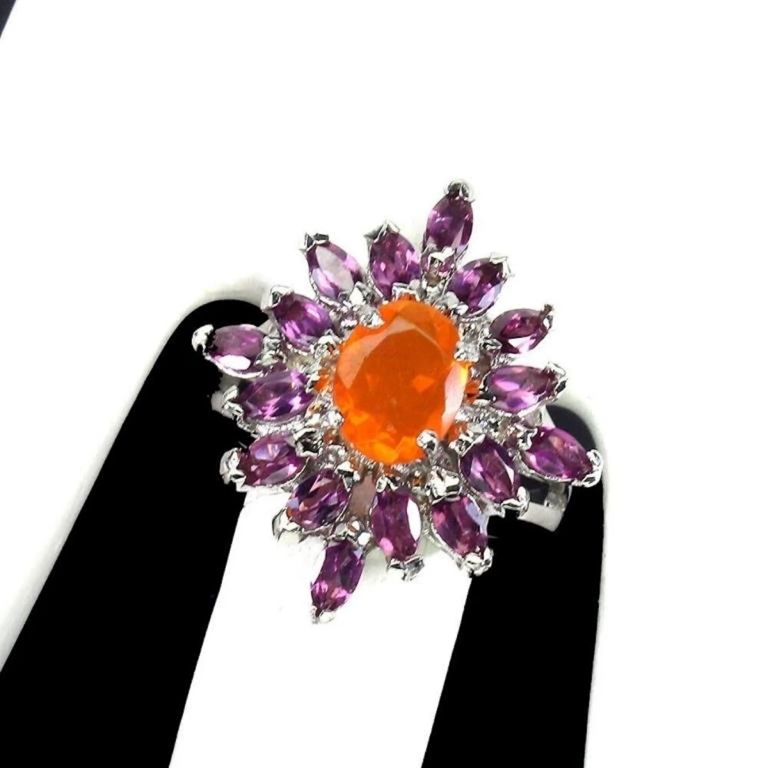 Natural Ethopian Orange Opal & Rhodolite Garnet Ri
