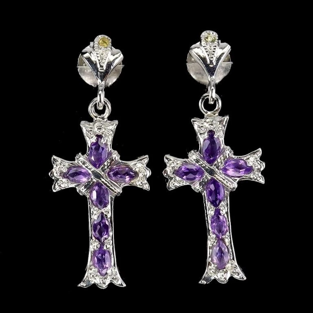 Natural Marquise Amethyst Cross Earrings