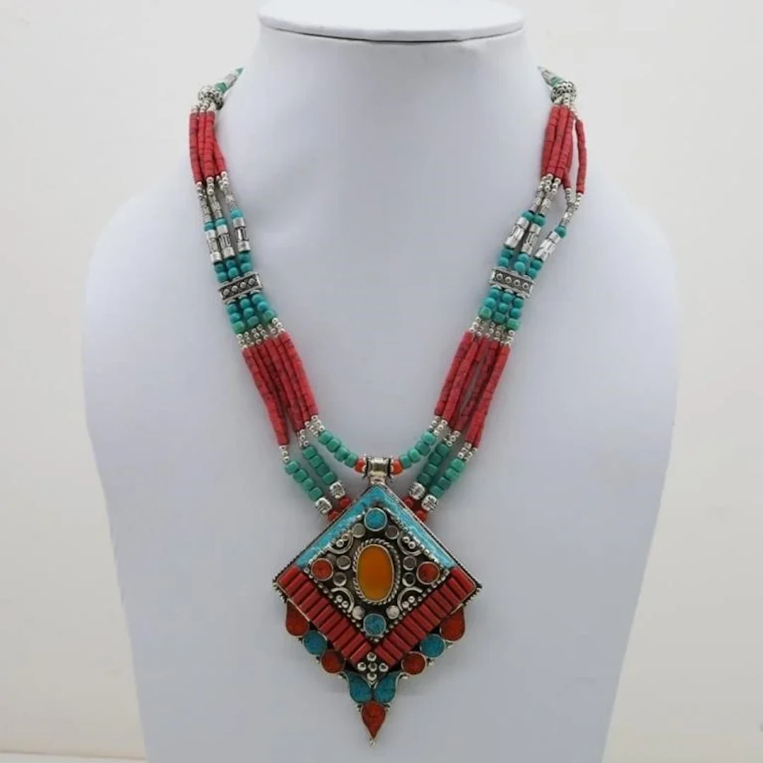 Tibet Hand Made Natural Turquoise & Coral Necklace