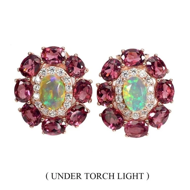 Natural Rainbow White Opal & Garnet Earstuds