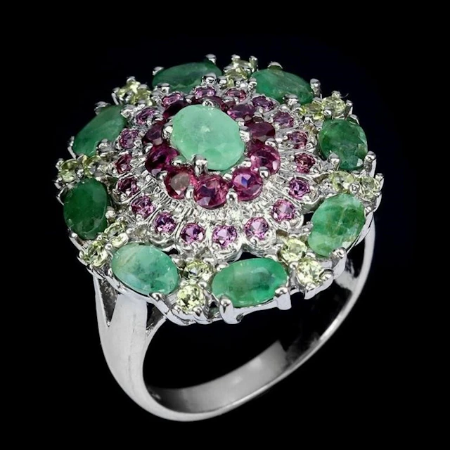 Natural Emerald Peridot Rhodolite Ring