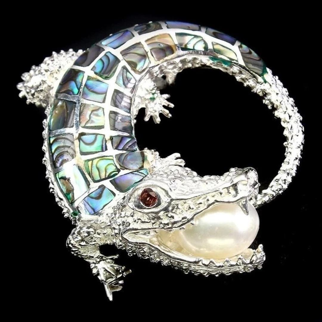 Natural Rhodolite Garnet & Pearl Crocodile Brooch