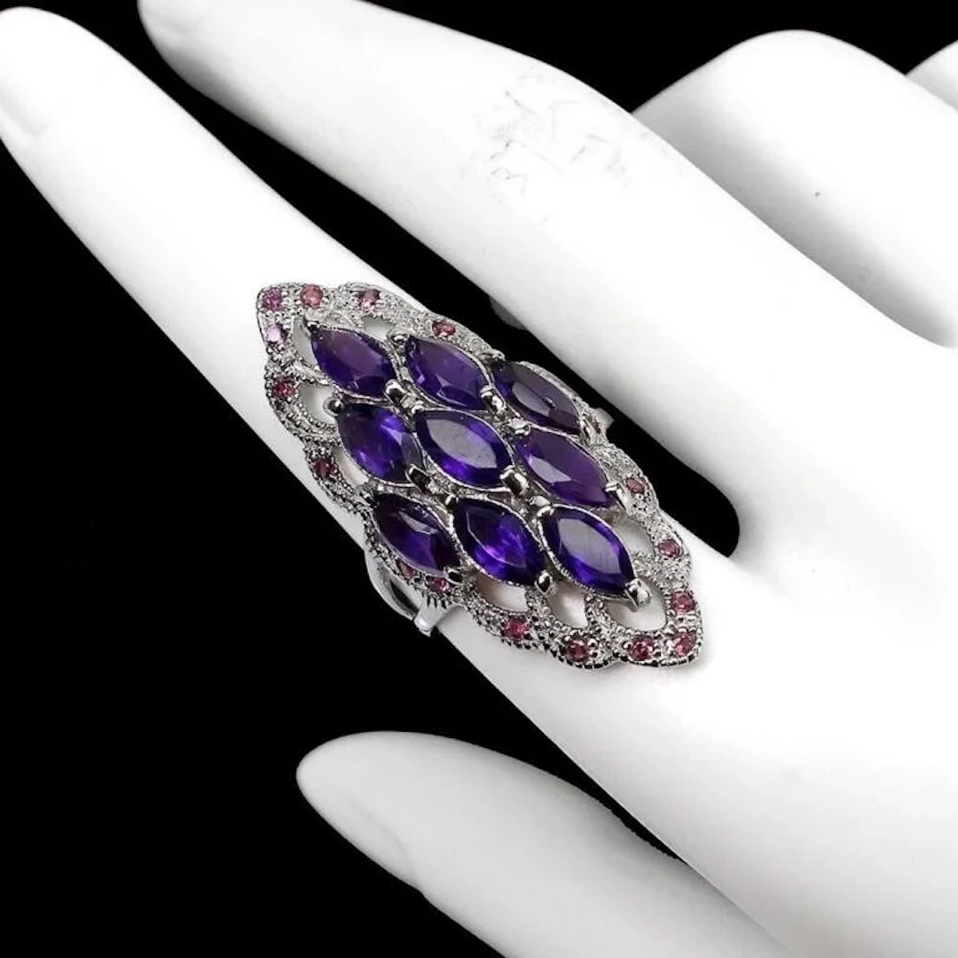 Natural Marquise Amethyst Rhodolite Garnet Ring