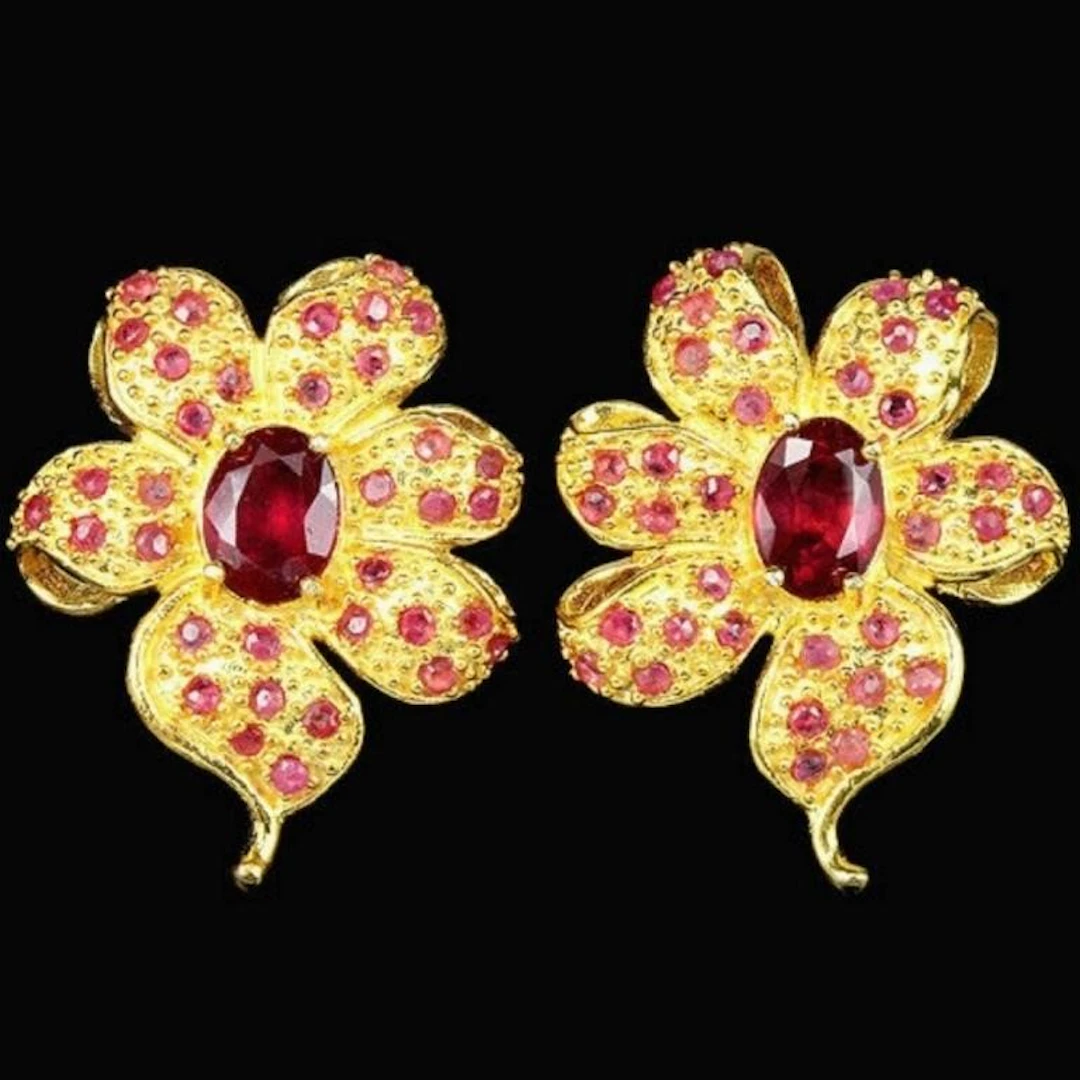 Natural BLOOD RED RUBY FLOWER EARRING