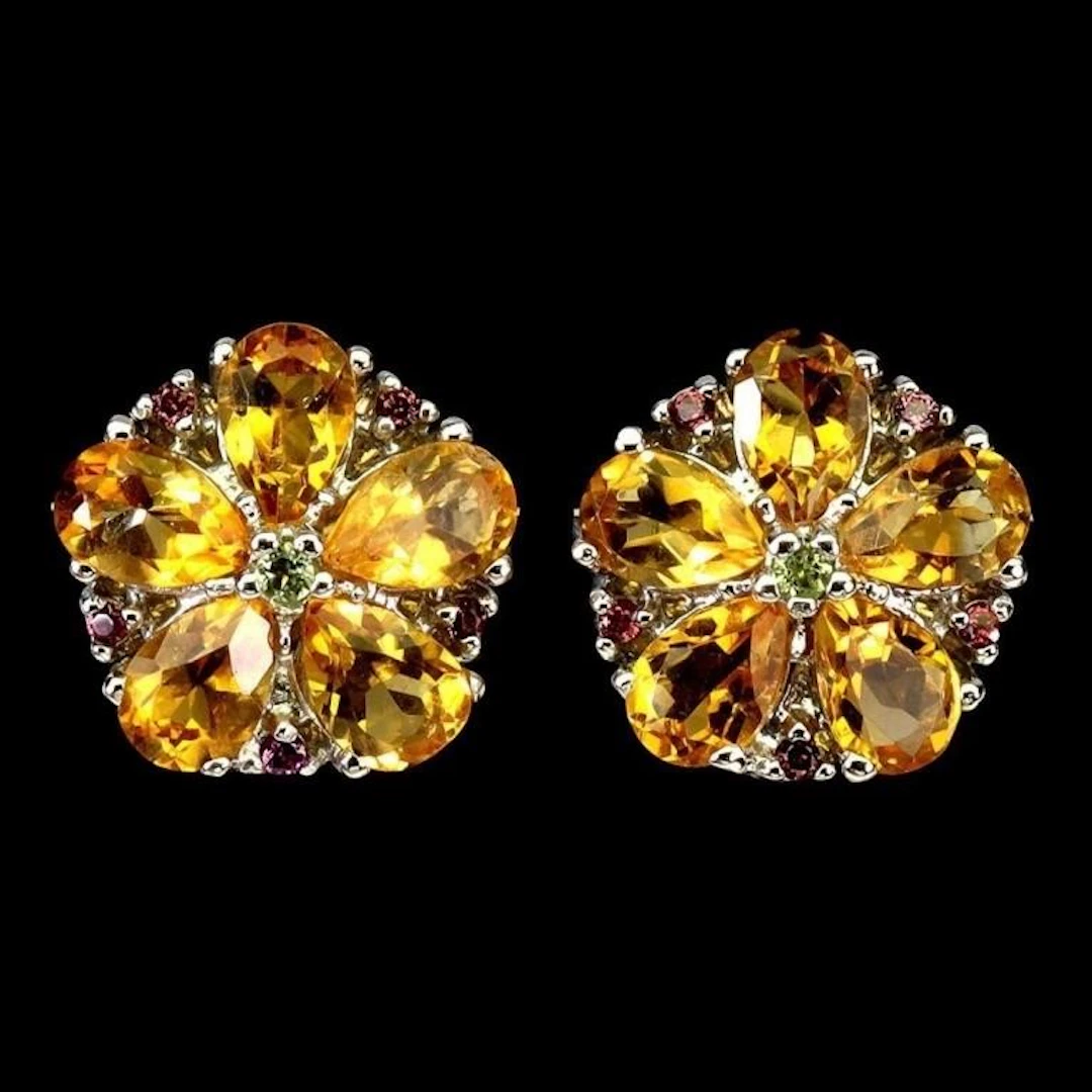 Natural Pear Citrine Peridot Rhodolite Earrings