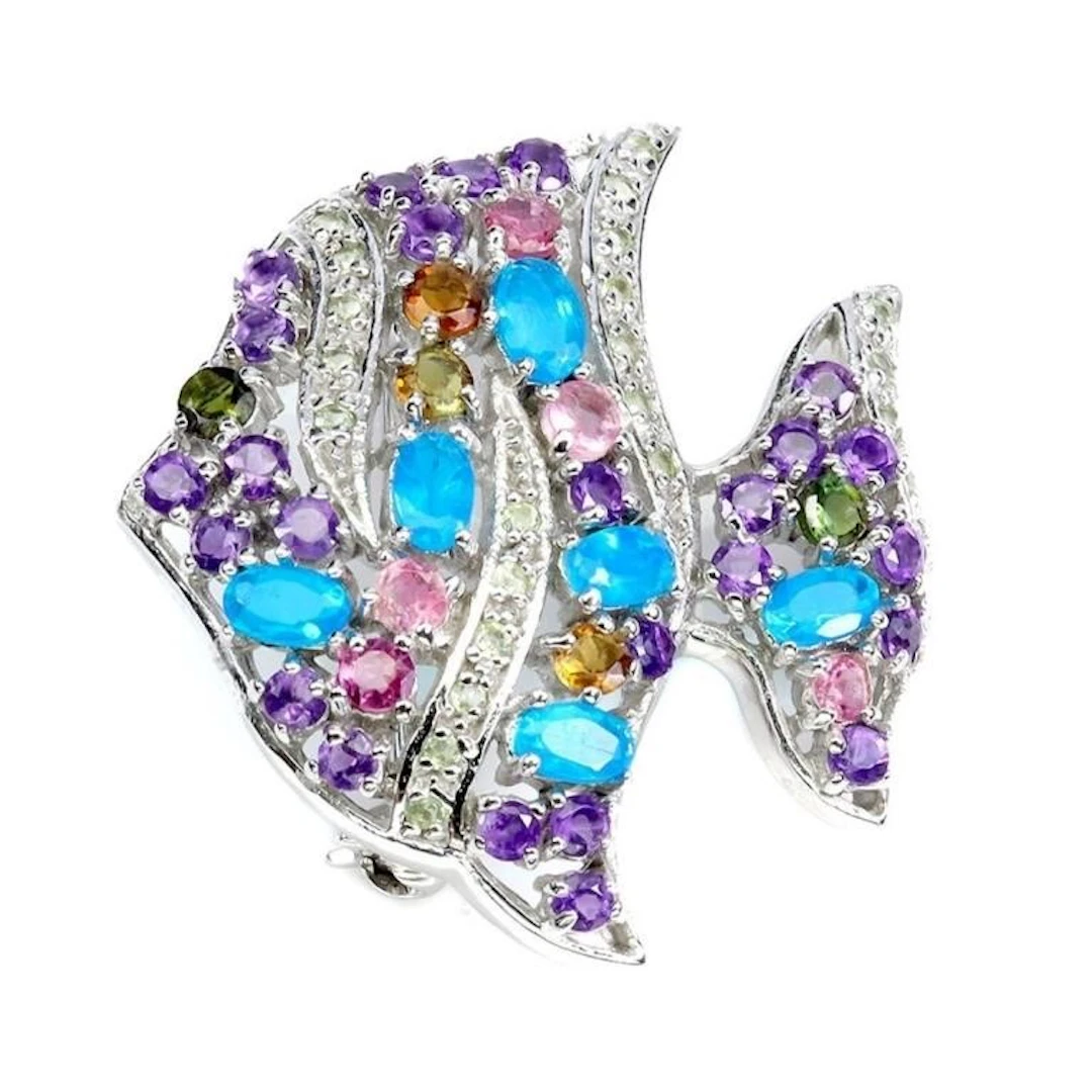 Natural Ethopian Blue Opal & Multi Gems Fish Brooc