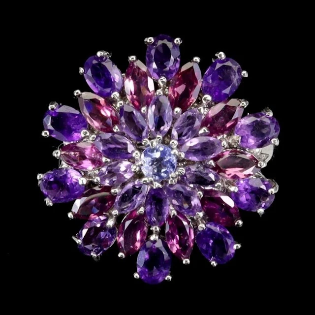 Natural Amethyst Rhodolite Tanzanite Ring